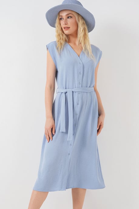 Strukturiertes V-Ausschnitt-Midikleid mit Knopfverschluss - Image 1