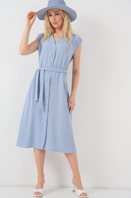Strukturiertes V-Ausschnitt-Midikleid mit Knopfverschluss - Image 2