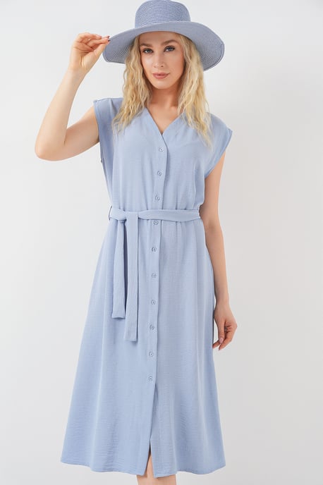 Strukturiertes V-Ausschnitt-Midikleid mit Knopfverschluss - Image 4