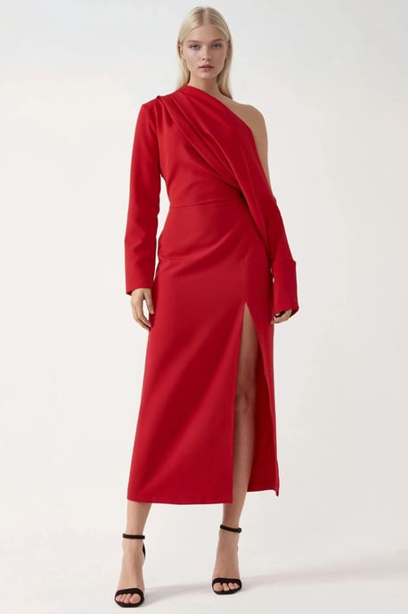 Asymmetrisches Kragen-Kleid mit Schlitzen im Bodycon-Midi-Stil - Image 1