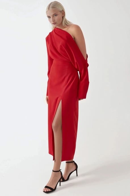Asymmetrisches Kragen-Kleid mit Schlitzen im Bodycon-Midi-Stil - Image 4