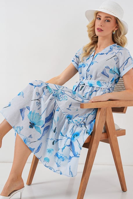 Blütendes V-Ausschnitt-Midi-Kleid mit Schleife - Image 3