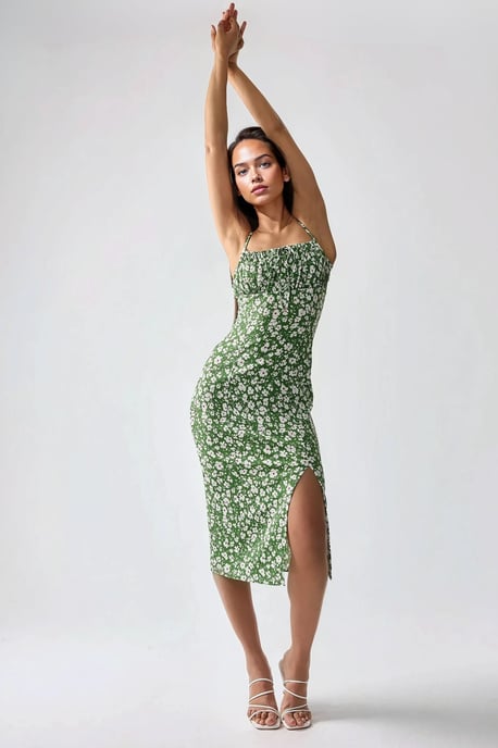 Allover Blumenmuster Bodycon Midi Kleid mit Schlitz - Image 2