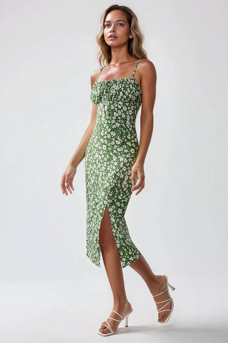Allover Blumenmuster Bodycon Midi Kleid mit Schlitz - Image 4
