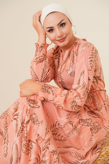Blätterdruck Langarm Schichten Maxi-Kleid - Image 3