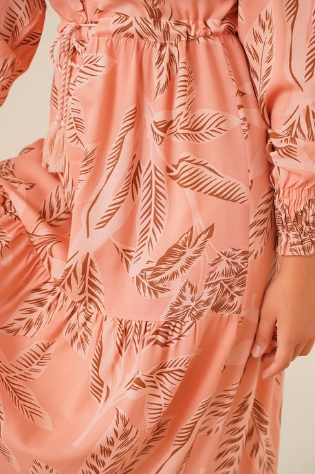 Blätterdruck Langarm Schichten Maxi-Kleid - Image 4