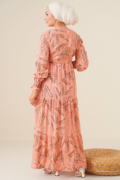 Blätterdruck Langarm Schichten Maxi-Kleid - Image 5