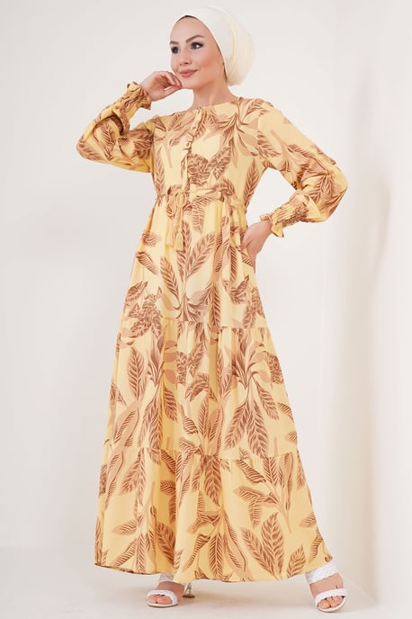 Blätterdruck Langarm Schichten-Maxikleid - Image 2