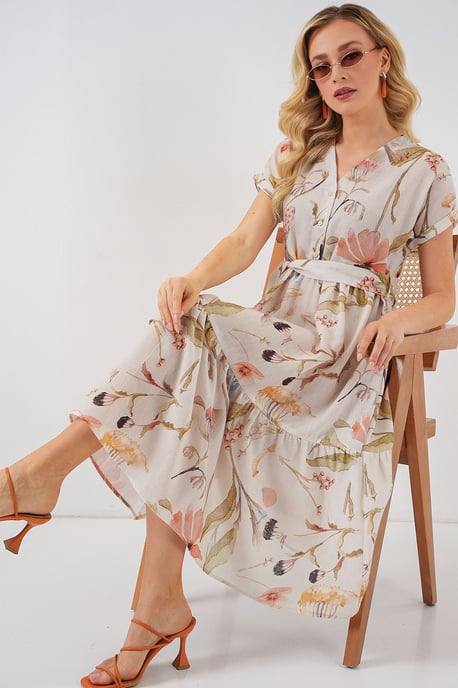 Blühendes V-Ausschnitt Midikleid mit Schleife - Image 3