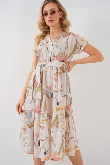 Blühendes V-Ausschnitt Midikleid mit Schleife - Image 4