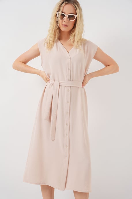 Texturiertes V-Ausschnitt-Midi-Kleid mit Knopfverschluss - Image 1
