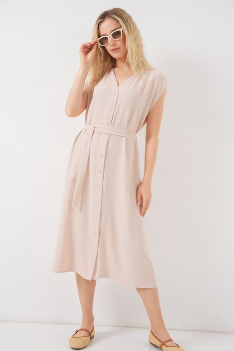 Texturiertes V-Ausschnitt-Midi-Kleid mit Knopfverschluss - Image 2