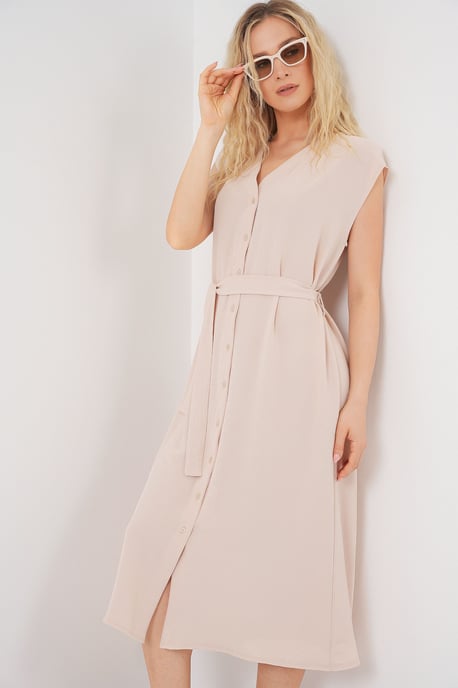 Texturiertes V-Ausschnitt-Midi-Kleid mit Knopfverschluss - Image 4