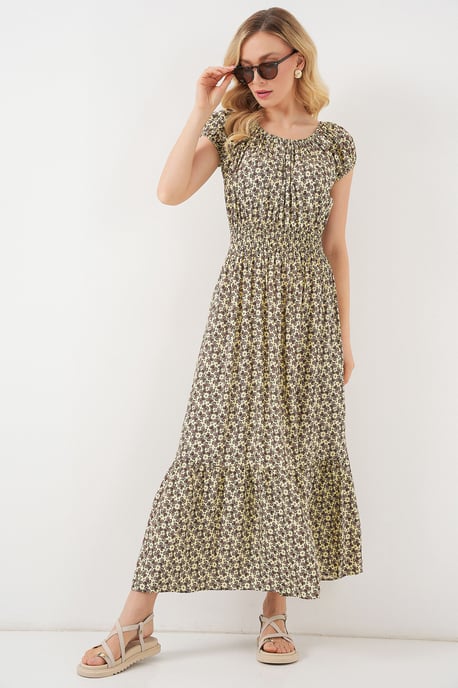 Floral A-Form Maxi-Kleid mit elastischen Details - Image 1