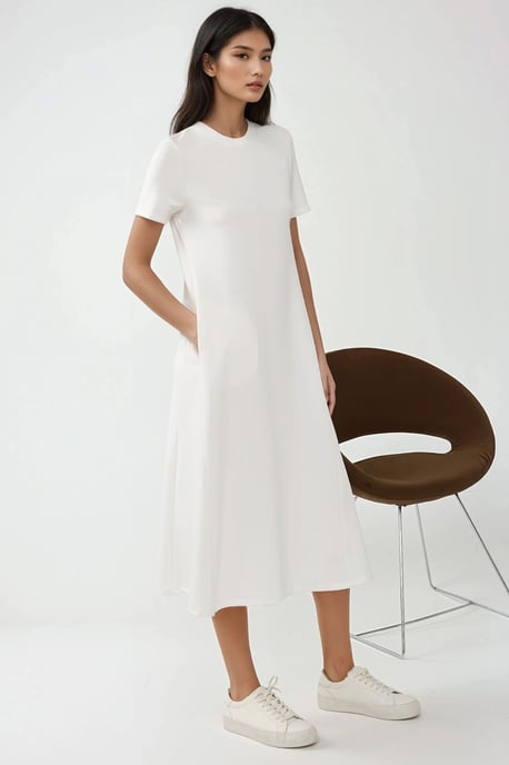 Basic Midi-Kleid mit Rundhalsausschnitt und kurzen Ärmeln - Image 2