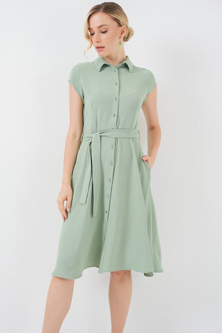 Knopfkragen A-Form Midi Kleid mit Bindungsdetails - Image 2
