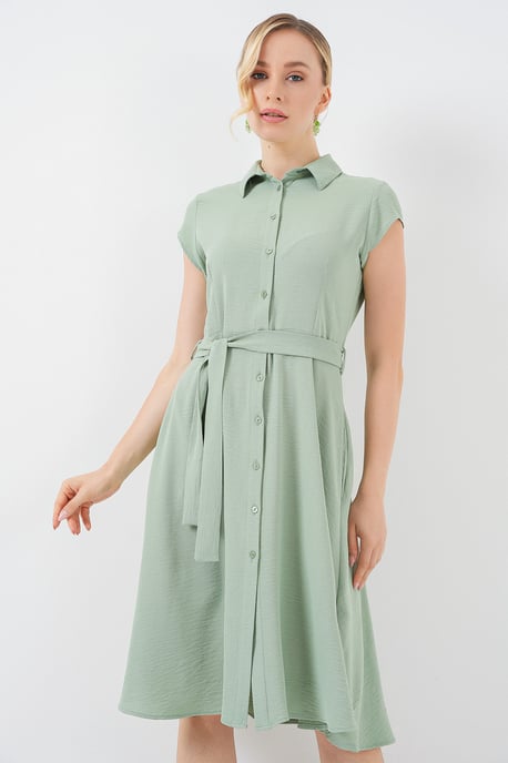 Knopfkragen A-Form Midi Kleid mit Bindungsdetails - Image 3