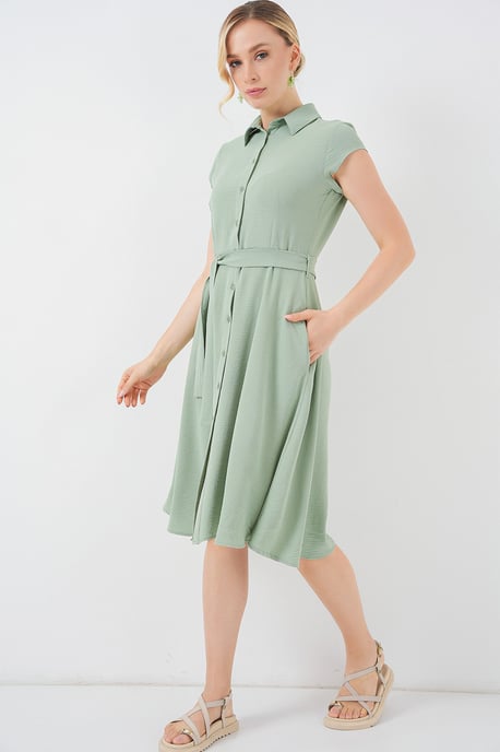 Knopfkragen A-Form Midi Kleid mit Bindungsdetails - Image 4