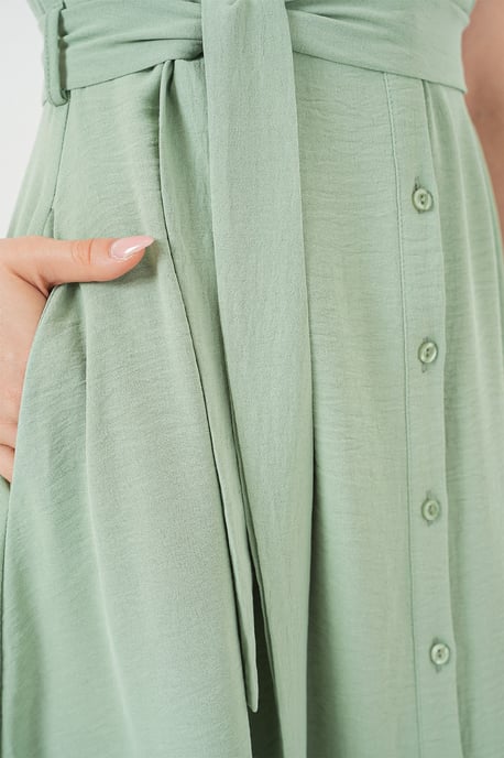 Knopfkragen A-Form Midi Kleid mit Bindungsdetails - Image 5