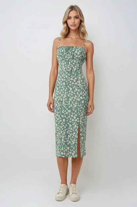 Körperbetontes Midi-Kleid mit Allover-Blumenmuster und Schlitz - Image 3