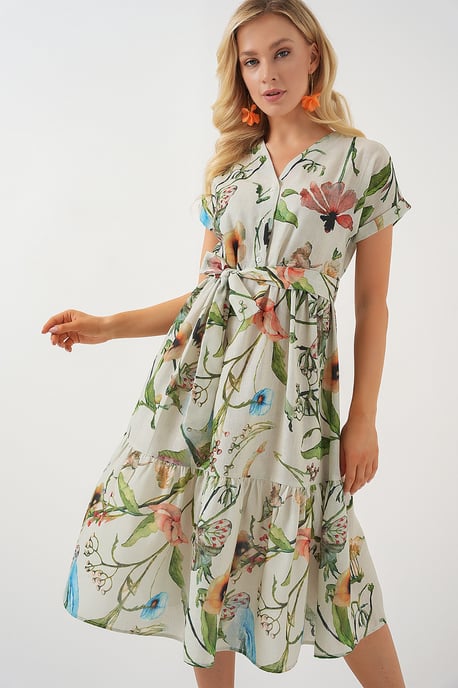Blütendes V-Ausschnitt-Midi-Kleid mit Schleife - Image 1
