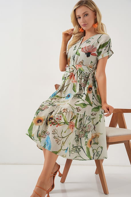 Blütendes V-Ausschnitt-Midi-Kleid mit Schleife - Image 2