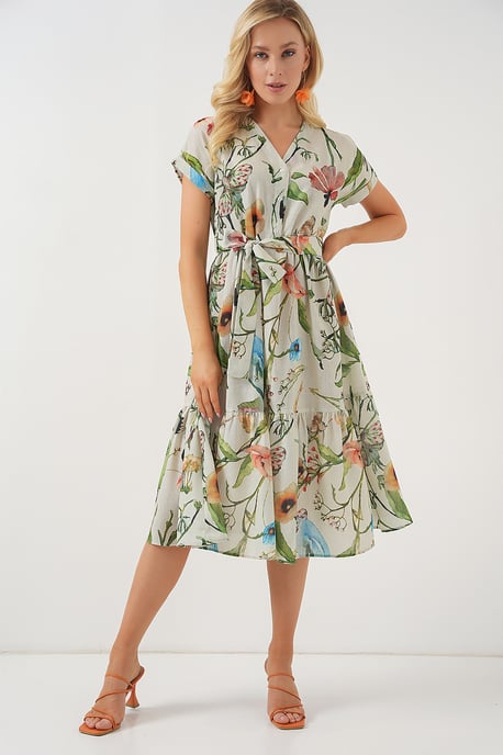 Blütendes V-Ausschnitt-Midi-Kleid mit Schleife - Image 3