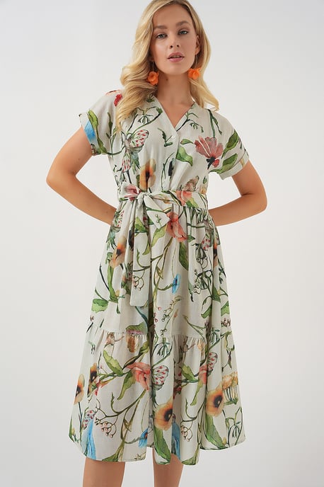 Blütendes V-Ausschnitt-Midi-Kleid mit Schleife - Image 4