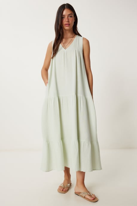 Rüschen V-Ausschnitt Midi-Kleid - Image 1