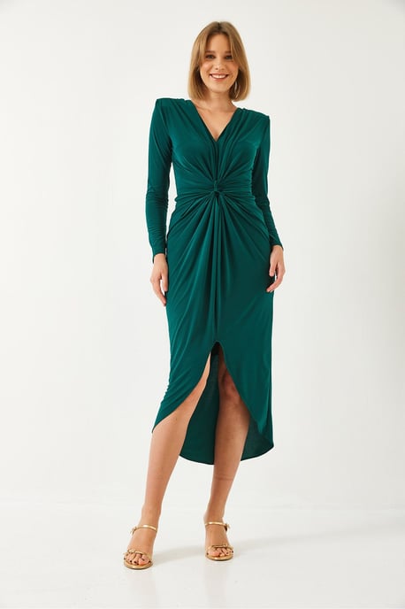 V-Ausschnitt Raffung Midi-Kleid - Image 2