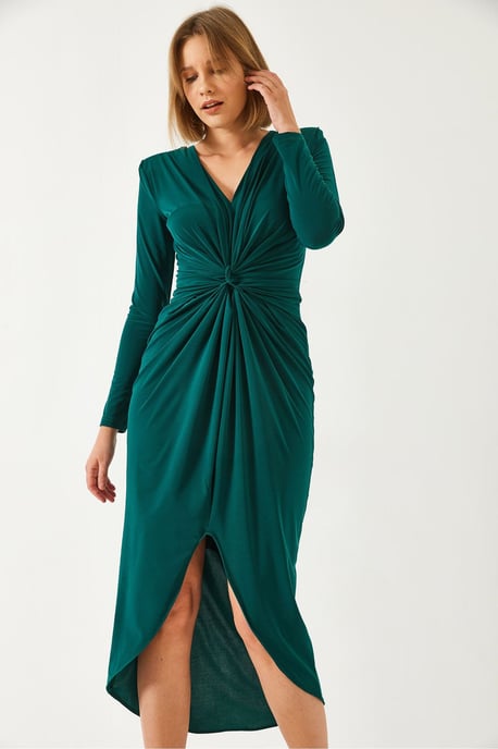 V-Ausschnitt Raffung Midi-Kleid - Image 4