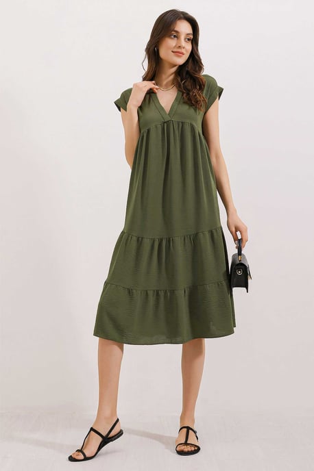 Rüschen V-Ausschnitt Midi-Kleid - Image 2
