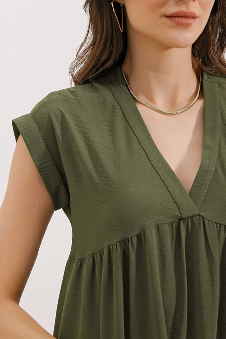 Rüschen V-Ausschnitt Midi-Kleid - Image 3