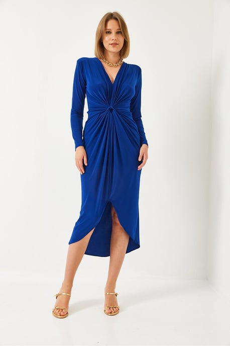 V-Ausschnitt Raffung Midi-Kleid - Image 2