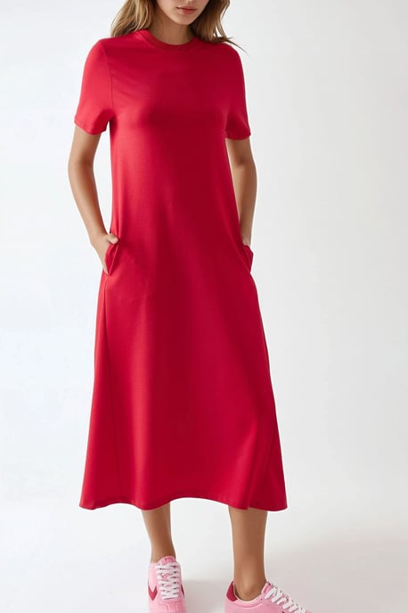 Rundhals Kurzarm Basic Midi Kleid - Image 3