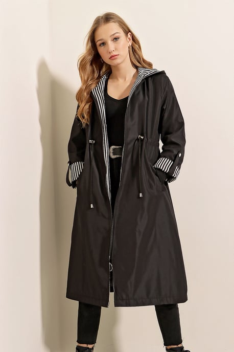 Hooded Striped Long Trenchcoat mit Kordelzug in der Taille - Image 1