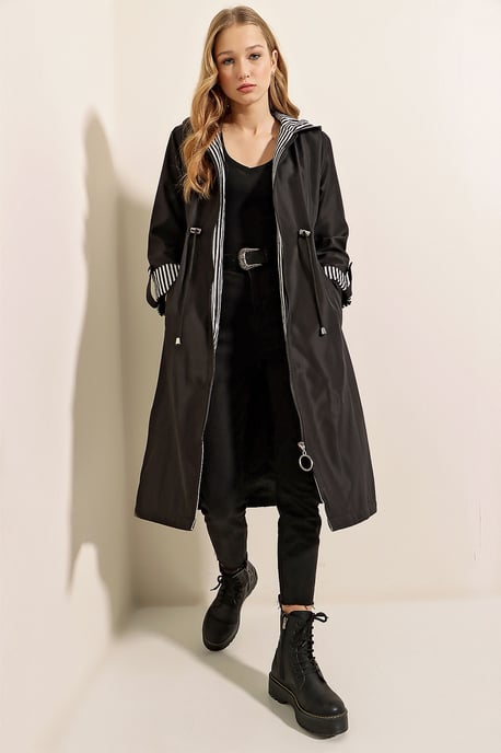 Hooded Striped Long Trenchcoat mit Kordelzug in der Taille - Image 2