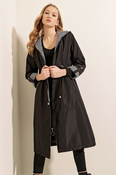 Hooded Striped Long Trenchcoat mit Kordelzug in der Taille - Image 3