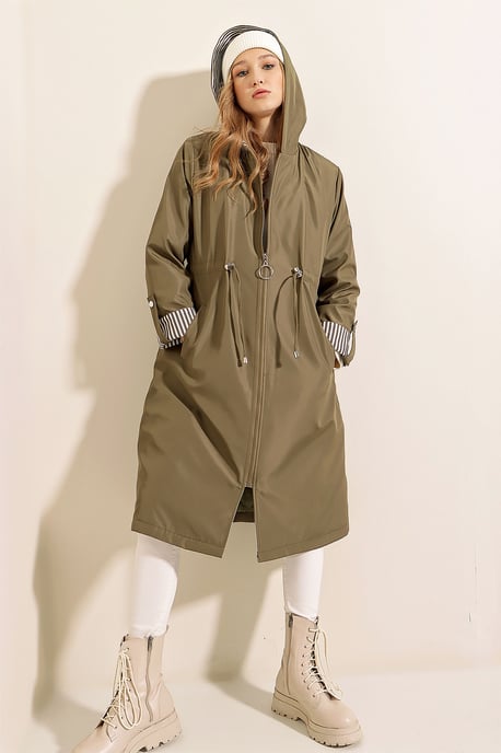 Hooded Striped Long Trenchcoat mit Kordelzug in der Taille - Image 2