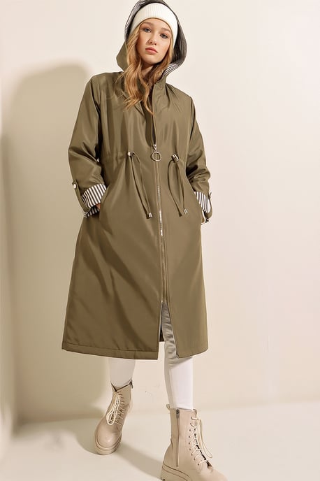 Hooded Striped Long Trenchcoat mit Kordelzug in der Taille - Image 3
