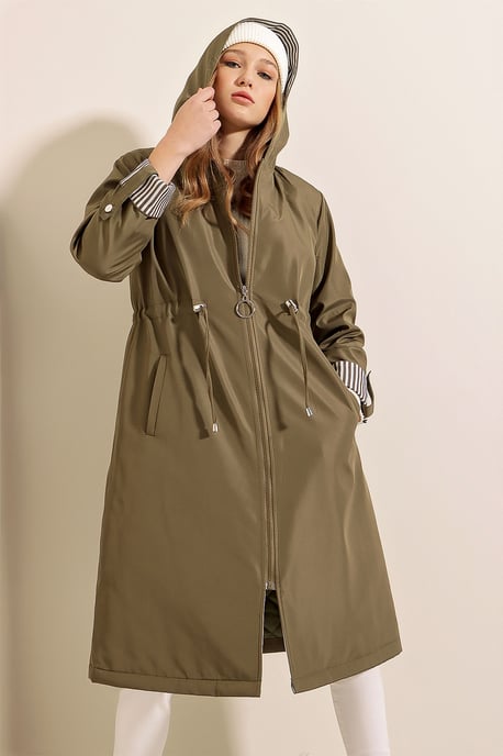 Hooded Striped Long Trenchcoat mit Kordelzug in der Taille - Image 5