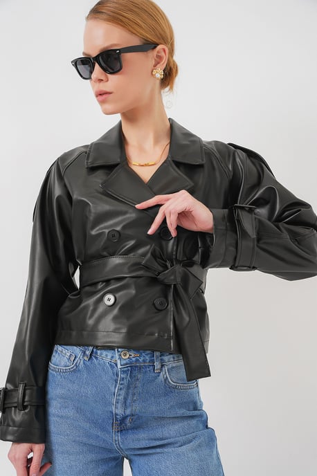 Faux-Leder Oversized Bomberjacke mit Patch-Details - Image 3