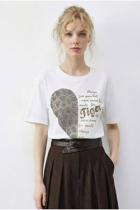 Rundhals-Glitzer-Textdruck-T-Shirt - Image 2