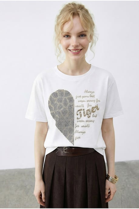 Rundhals-Glitzer-Textdruck-T-Shirt - Image 3