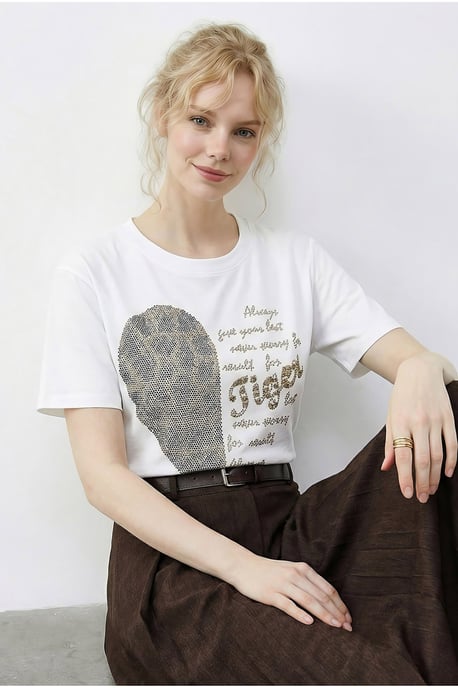 Rundhals-Glitzer-Textdruck-T-Shirt - Image 4