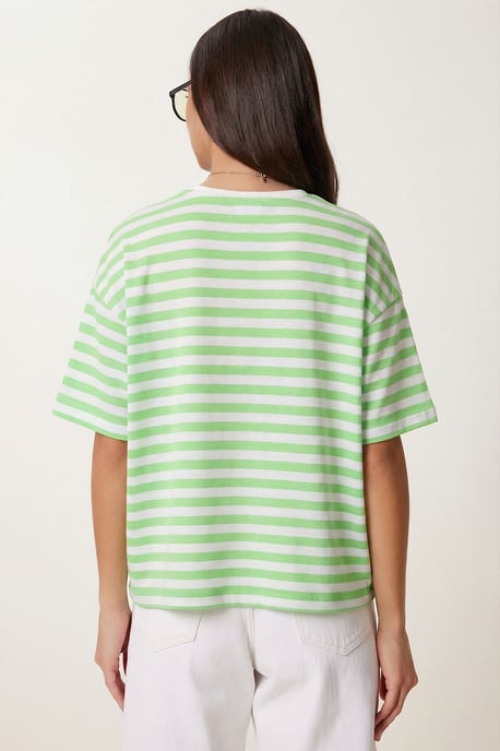 Oversized gestreiftes Crew-Neck Crop T-Shirt - Image 3