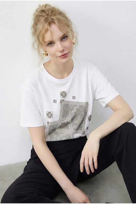 Crew-Neck Geometrisches Paillettendruck T-Shirt - Image 3