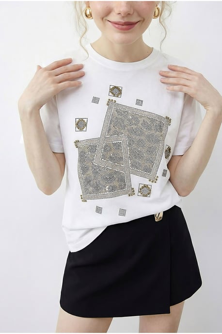 Crew-Neck Geometrisches Paillettendruck T-Shirt - Image 4