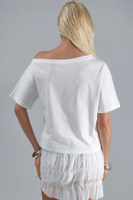 Bedrucktes Boot-Ausschnitt Ein-Schulter T-Shirt - Image 3