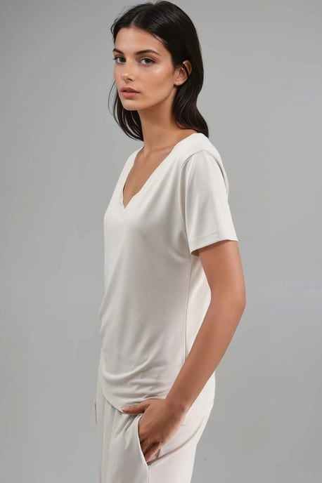 Weiches Touch V-Ausschnitt Kurzarm Modal-Mischung T-Shirt - Image 2